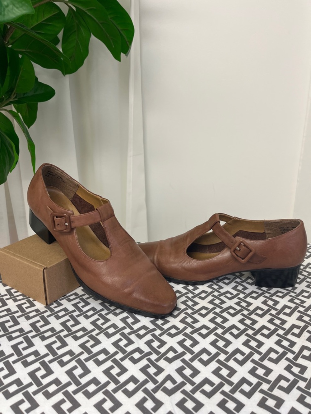Classic Brown Leather Mary Jane Block Heel Women's Shoes